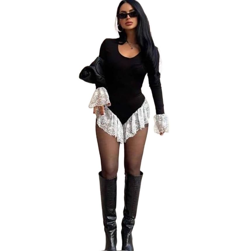 Bell Sleeve Ruffle Lace Bodysuit Top