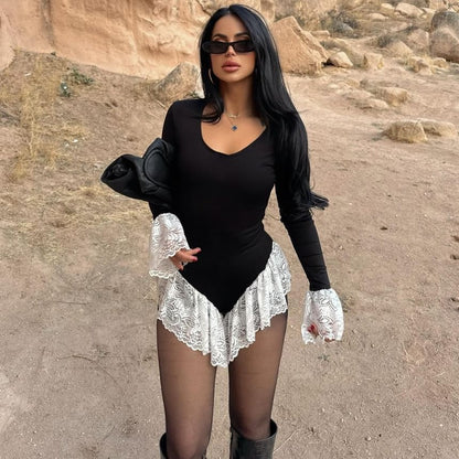 Bell Sleeve Ruffle Lace Bodysuit Top