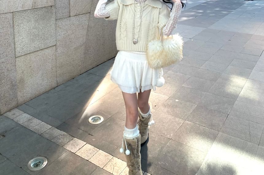 Extended Sleeve Mock Neck Lace Top / Short Sleeve Polo Sweater