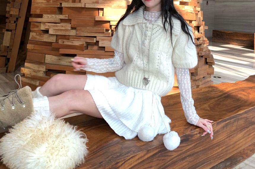 Extended Sleeve Mock Neck Lace Top / Short Sleeve Polo Sweater