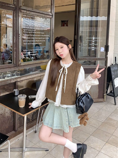 Crew Neck Button Up Vest / Extended Sleeve Tie Neck Lace Blouse