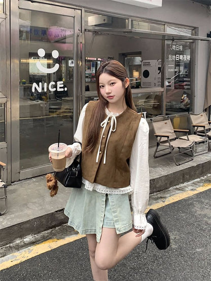 Crew Neck Button Up Vest / Extended Sleeve Tie Neck Lace Blouse