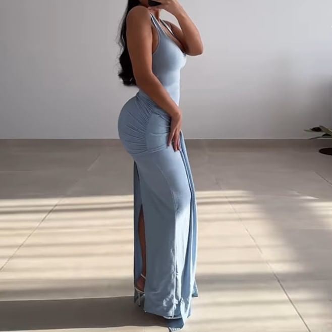 Halter Plain Glitter Knotted Maxi Sheath Cocktail Dress