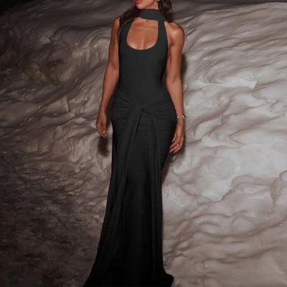 Halter Plain Glitter Knotted Maxi Sheath Cocktail Dress