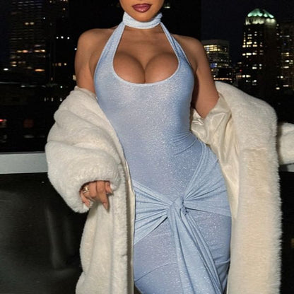 Halter Plain Glitter Knotted Maxi Sheath Cocktail Dress