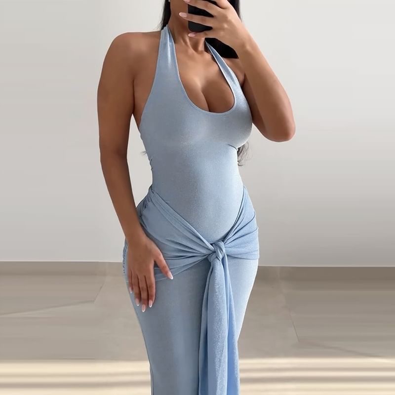 Halter Plain Glitter Knotted Maxi Sheath Cocktail Dress