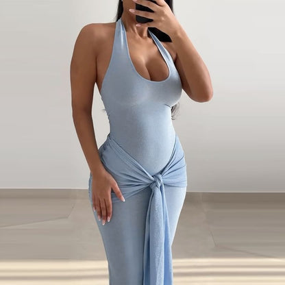 Halter Plain Glitter Knotted Maxi Sheath Cocktail Dress