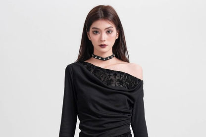 Off-Shoulder Ruched Crop Top with Lace Panels