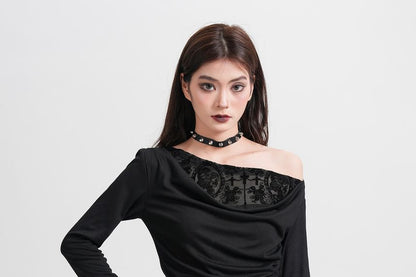 Off-Shoulder Ruched Crop Top with Lace Panels