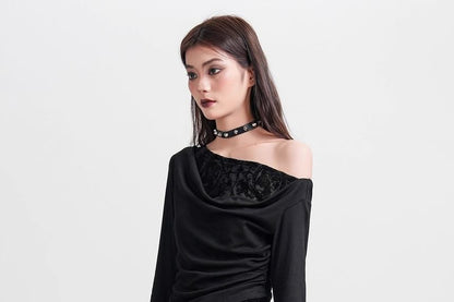Off-Shoulder Ruched Crop Top with Lace Panels