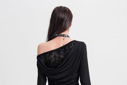 Off-Shoulder Ruched Crop Top with Lace Panels