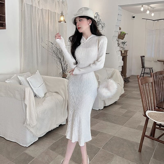 Long-Sleeve Stand Collar Plain Frog Buttoned Midi Sheath Knit Qipao