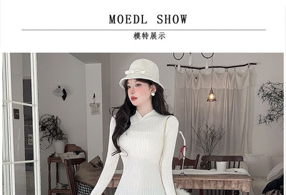 Long-Sleeve Stand Collar Plain Frog Buttoned Midi Sheath Knit Qipao
