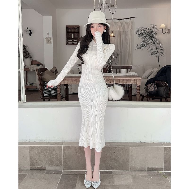 Long-Sleeve Stand Collar Plain Frog Buttoned Midi Sheath Knit Qipao