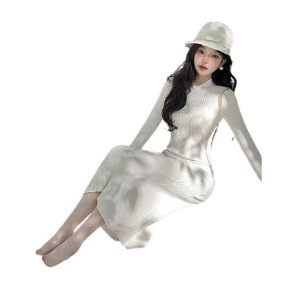 Long-Sleeve Stand Collar Plain Frog Buttoned Midi Sheath Knit Qipao