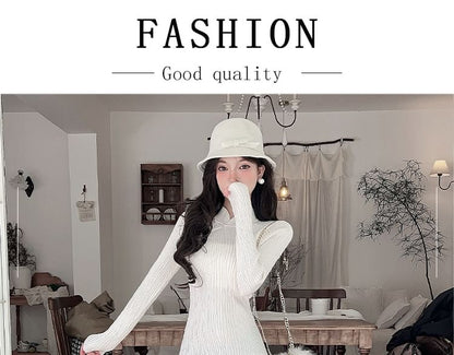 Long-Sleeve Stand Collar Plain Frog Buttoned Midi Sheath Knit Qipao
