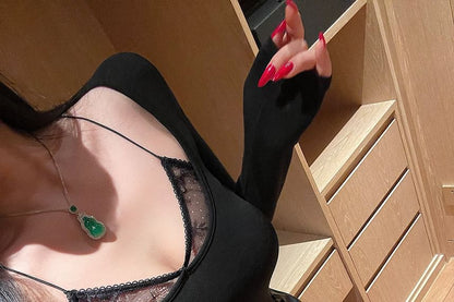 Mock Two-Piece Lace Panel V-Neck Top