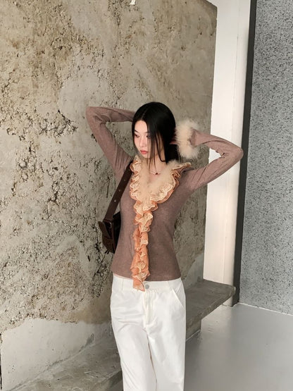Ribbed Knit V-Neck Top with Lace and Fluffy Trim