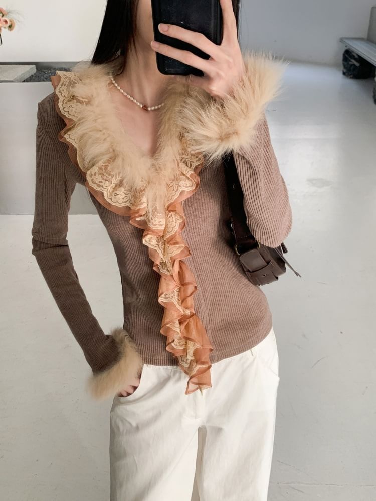 Ribbed Knit V-Neck Top with Lace and Fluffy Trim