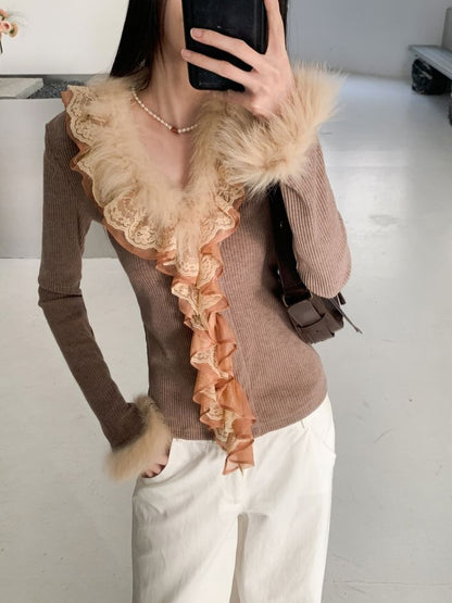 Ribbed Knit V-Neck Top with Lace and Fluffy Trim