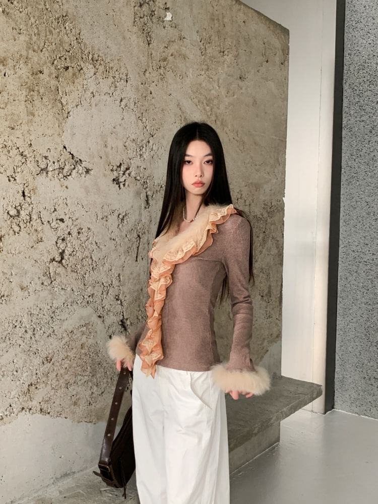 Ribbed Knit V-Neck Top with Lace and Fluffy Trim