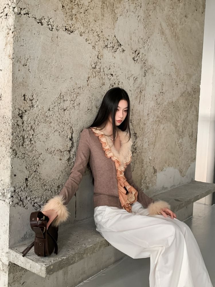 Ribbed Knit V-Neck Top with Lace and Fluffy Trim