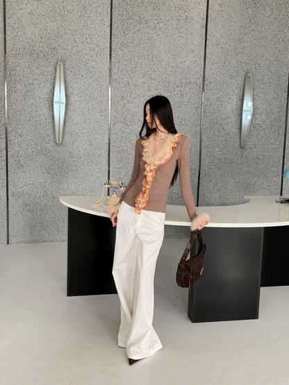 Ribbed Knit V-Neck Top with Lace and Fluffy Trim