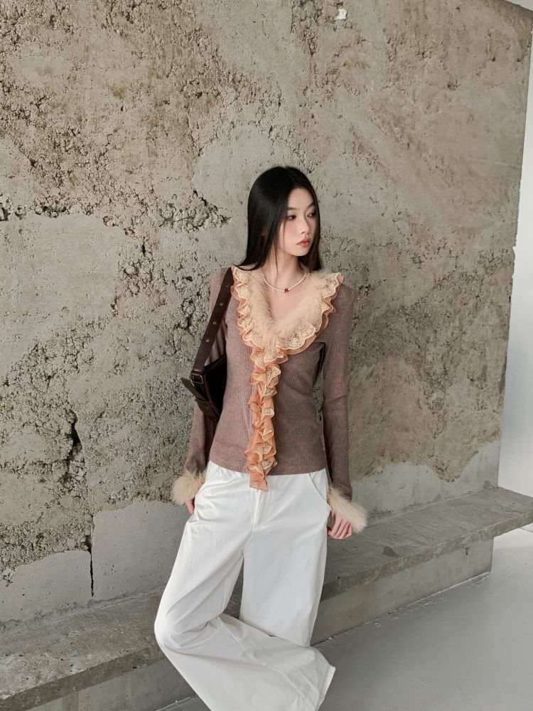 Ribbed Knit V-Neck Top with Lace and Fluffy Trim