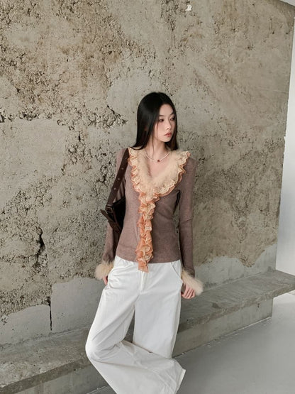 Ribbed Knit V-Neck Top with Lace and Fluffy Trim
