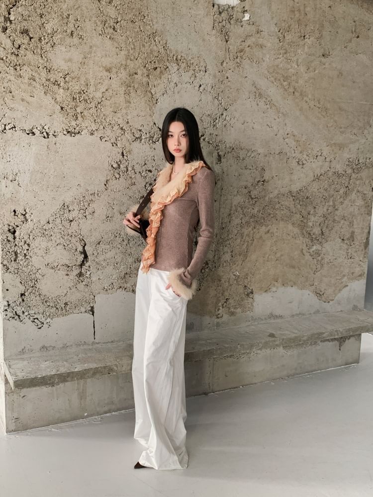 Ribbed Knit V-Neck Top with Lace and Fluffy Trim
