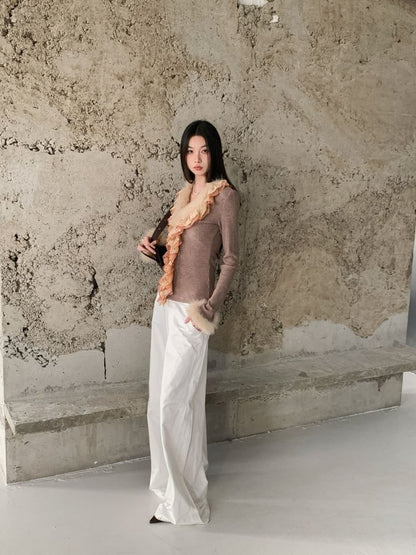 Ribbed Knit V-Neck Top with Lace and Fluffy Trim