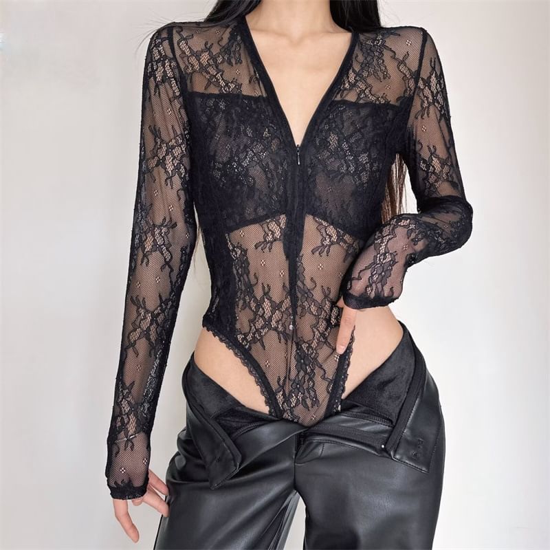 Half-Zip Lace Bodysuit Top with V-Neck