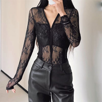 Half-Zip Lace Bodysuit Top with V-Neck