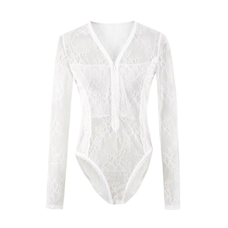 Half-Zip Lace Bodysuit Top with V-Neck