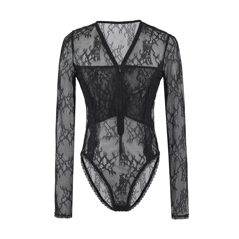 Half-Zip Lace Bodysuit Top with V-Neck