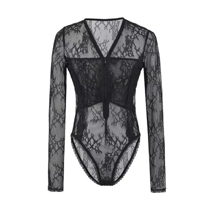 Half-Zip Lace Bodysuit Top with V-Neck