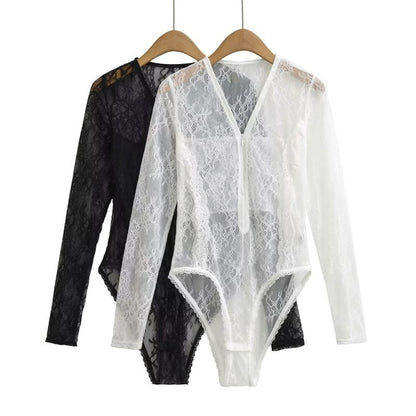 Half-Zip Lace Bodysuit Top with V-Neck