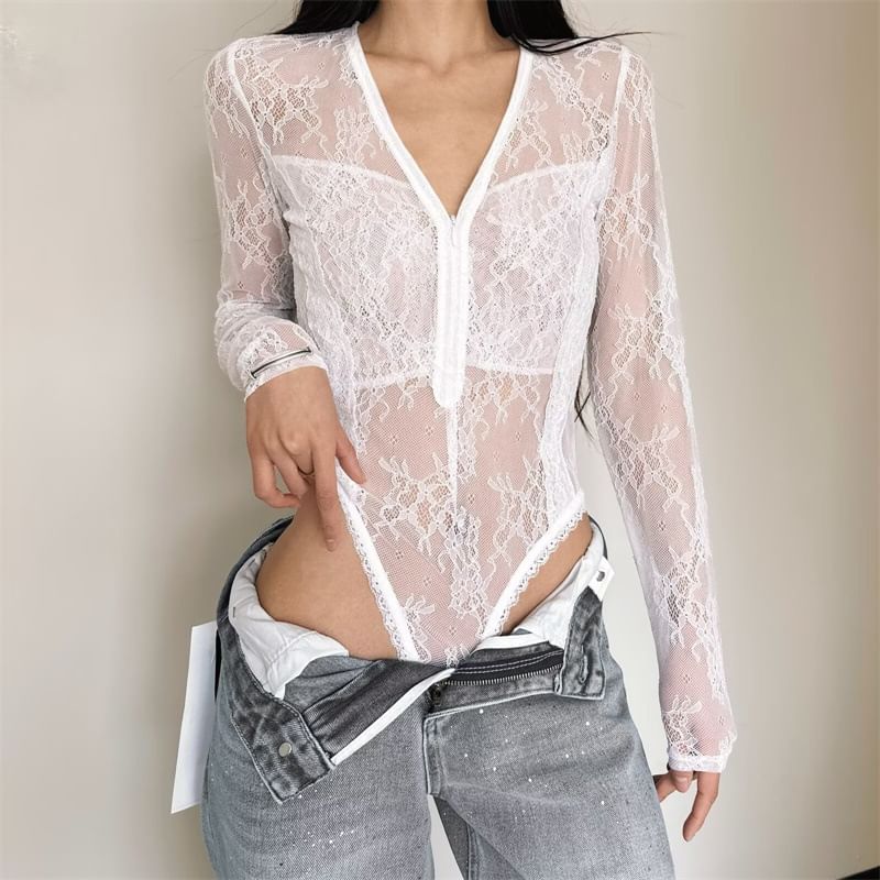 Half-Zip Lace Bodysuit Top with V-Neck