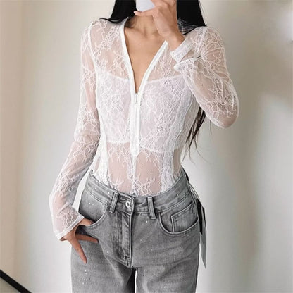 Half-Zip Lace Bodysuit Top with V-Neck