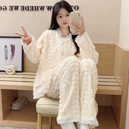 Lace Trim Pajama Set: Top and Pants