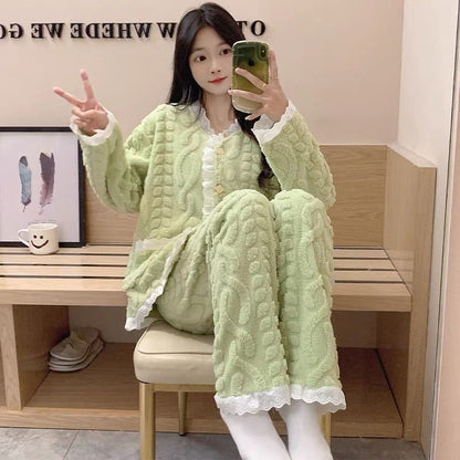 Lace Trim Pajama Set: Top and Pants