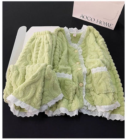 Lace Trim Pajama Set: Top and Pants