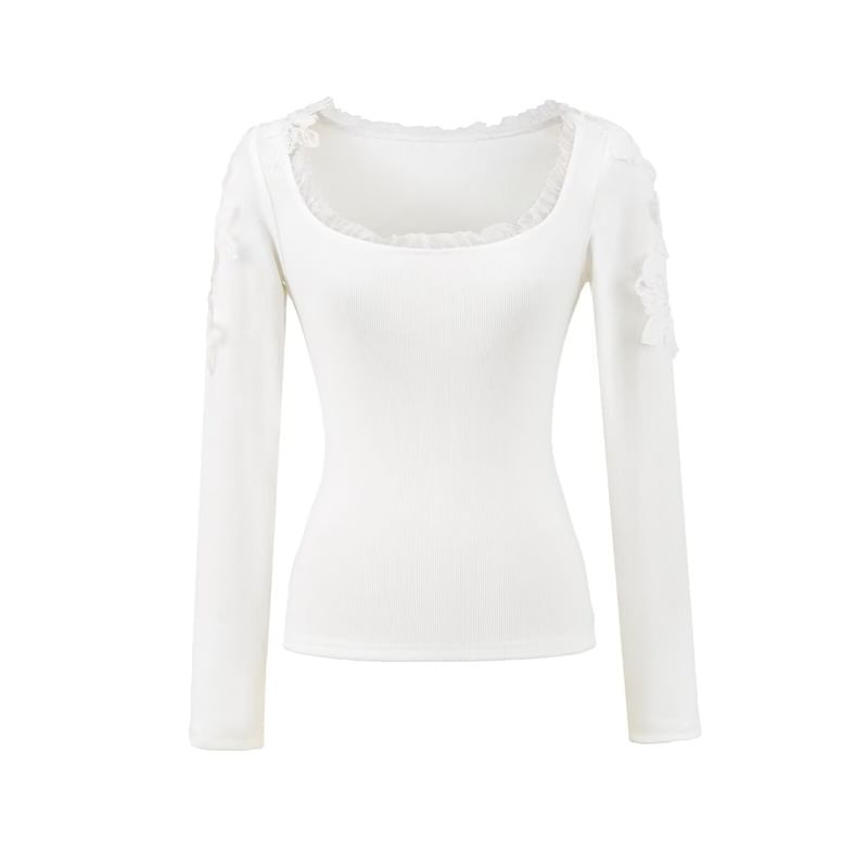 Frill Trim Scoop Neck Lace Crop T-Shirt