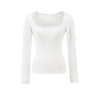 Frill Trim Scoop Neck Lace Crop T-Shirt