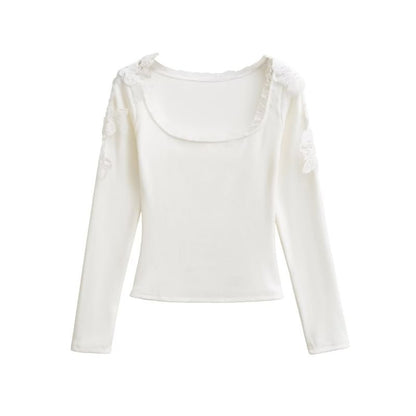 Frill Trim Scoop Neck Lace Crop T-Shirt