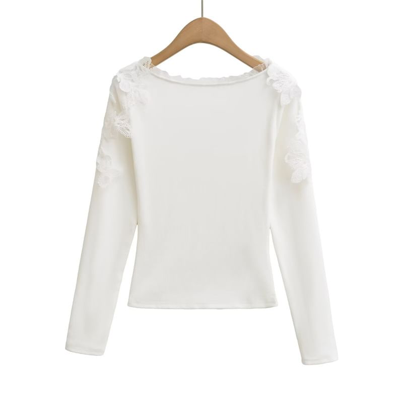 Frill Trim Scoop Neck Lace Crop T-Shirt