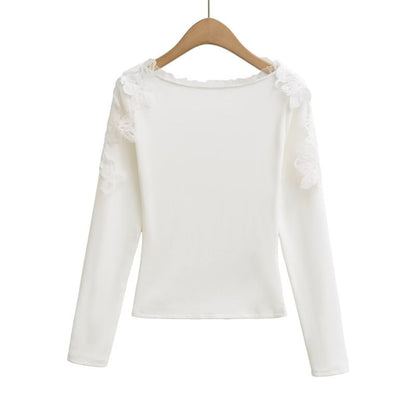 Frill Trim Scoop Neck Lace Crop T-Shirt