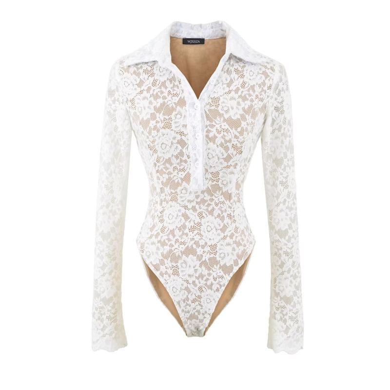 Collared Half-Button Lace Bodysuit Top