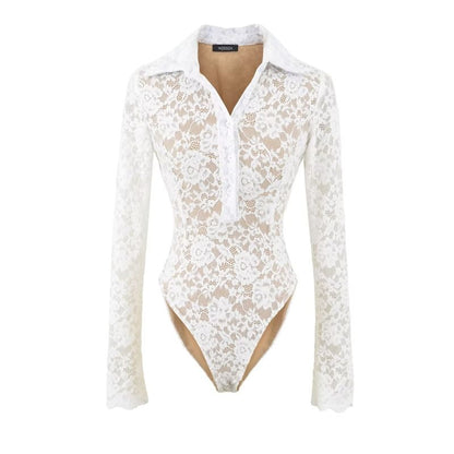 Collared Half-Button Lace Bodysuit Top