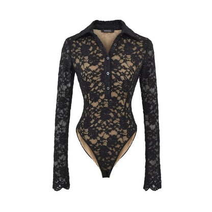Collared Half-Button Lace Bodysuit Top